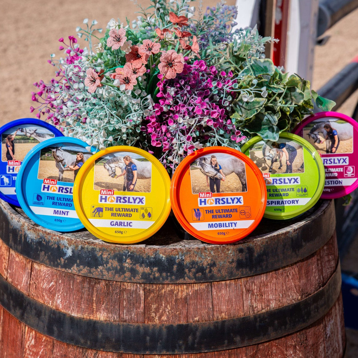 Assorted horse treats on a wooden barrel with flowers in the background