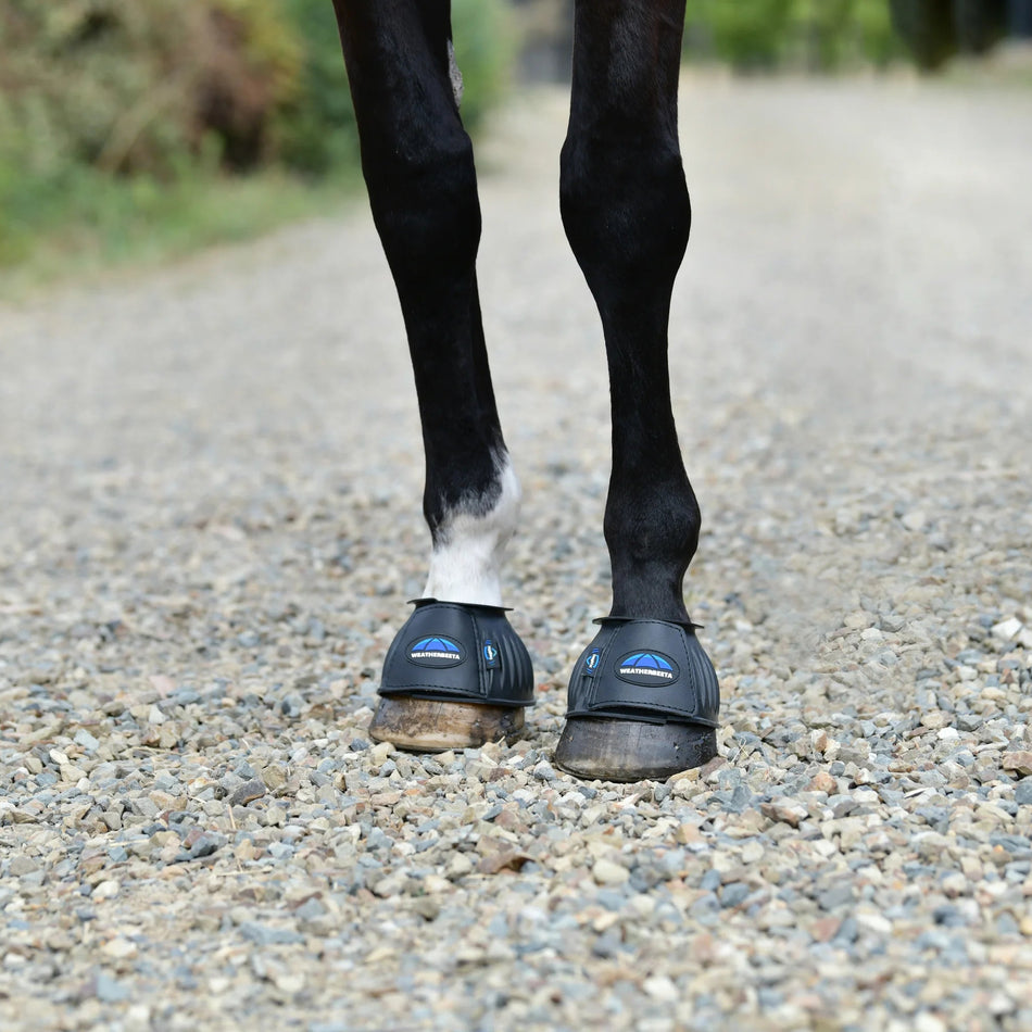 Horse hooves with protective boots on a gravel path