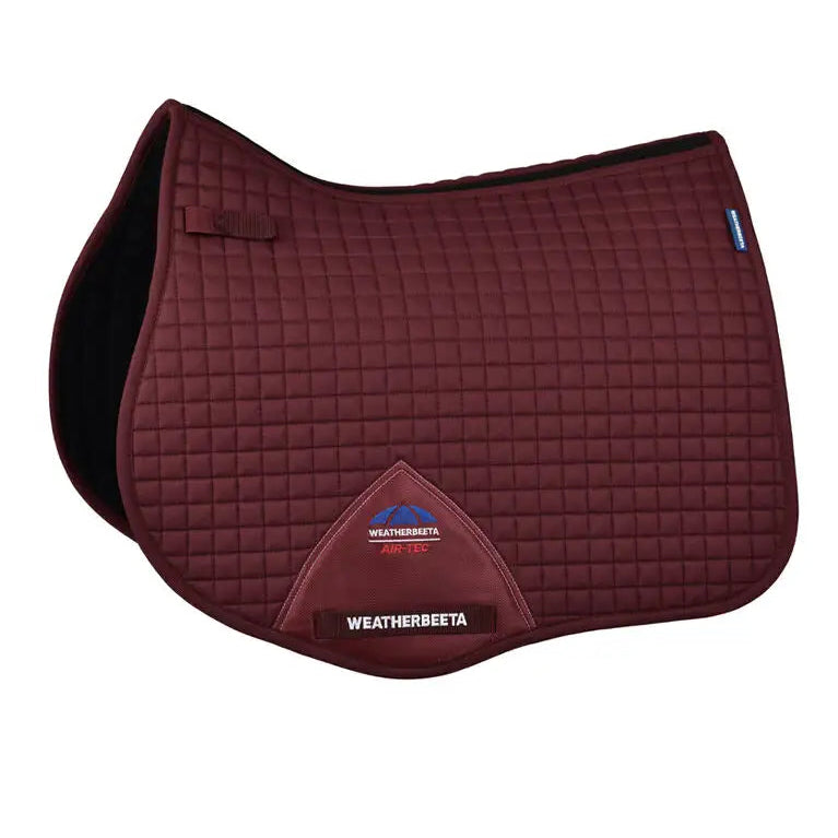 Maroon quilted saddle pad with Weatherbeeta logo on a white background