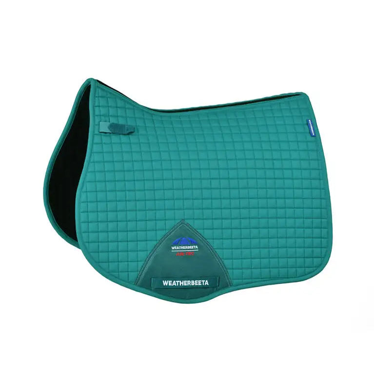 Teal saddle pad with Weatherbeeta logo on a white background