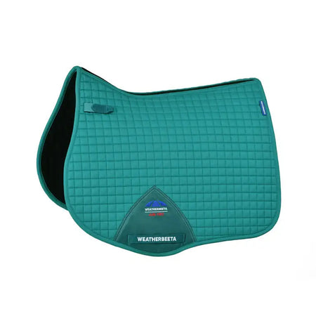 Teal saddle pad with Weatherbeeta logo on a white background