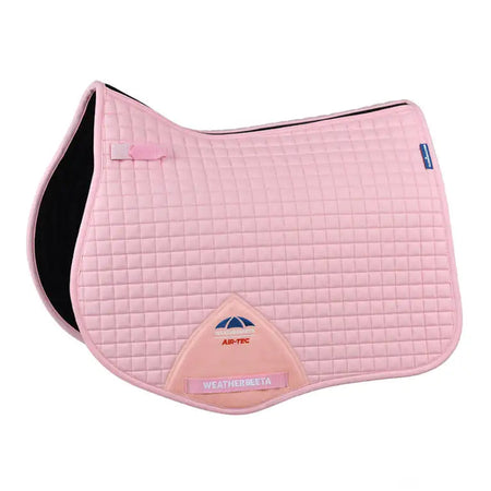 Pink quilted saddle pad with brand logo on a white background