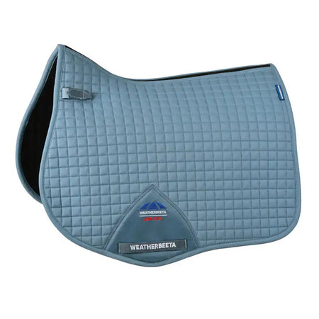 Blue quilted saddle pad with Weatherbeeta logo on a white background