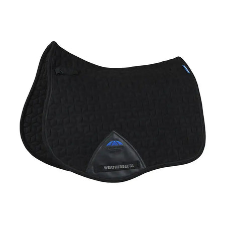 Black saddle pad with a visible brand logo on a white background