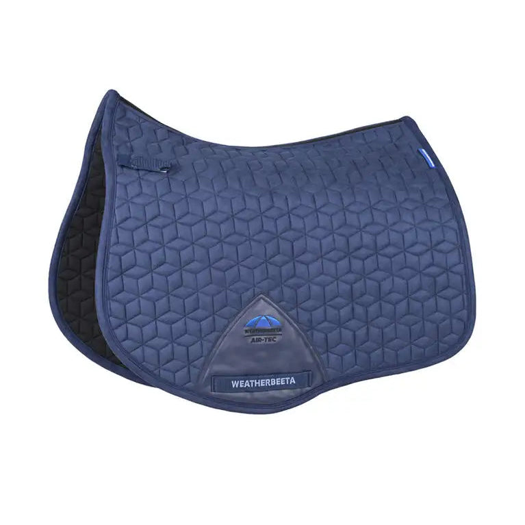 Blue quilted saddle pad with Weatherbeeta logo on a white background