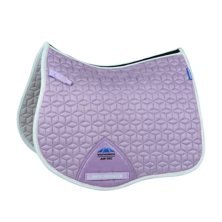 Purple quilted saddle pad with a brand logo on a white background