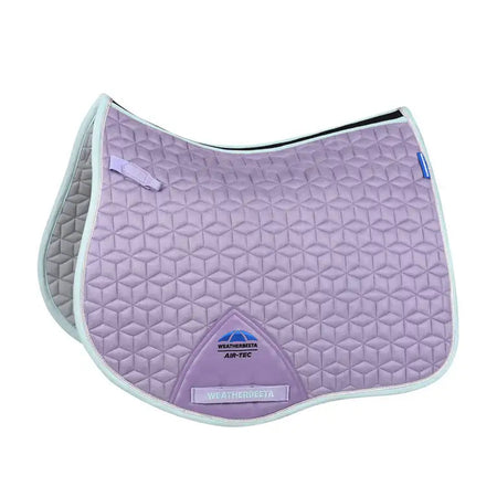 Purple quilted saddle pad with a brand logo on a white background
