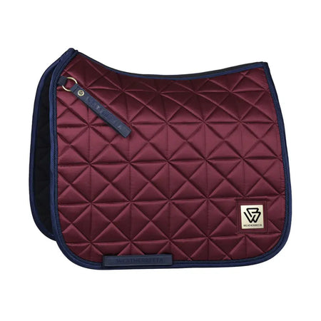 Maroon quilted saddle pad with navy border on a white background
