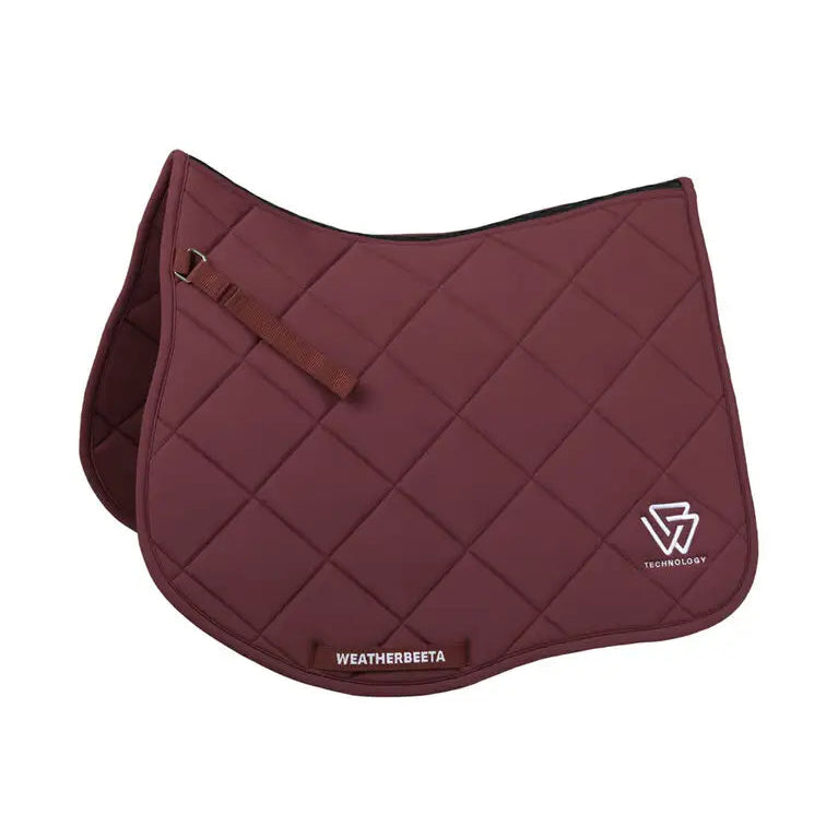 Maroon quilted saddle pad with Weatherbeeta logo on a white background