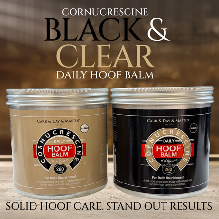 Two containers of Cornucrescine Black & Clear Daily Hoof Balm on a wooden surface with a blurred background.