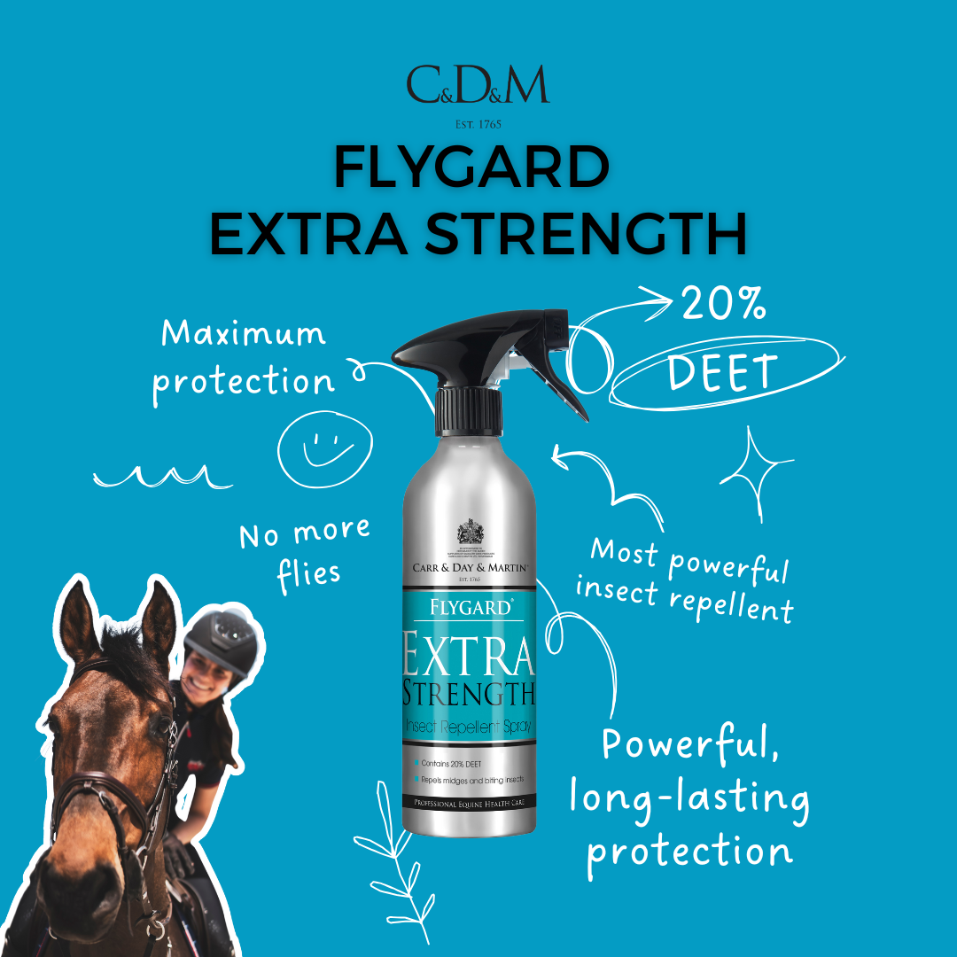 Flygard Extra Strength insect repellent bottle with text on a blue background, featuring a horse and rider.