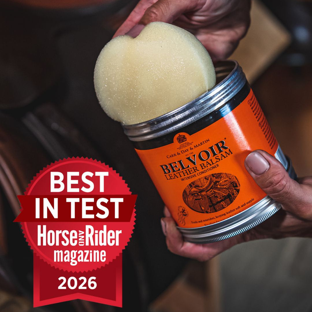 Person holding a can of Belvoir leather balm with a 'Best in Test' label from Horse & Rider magazine.
