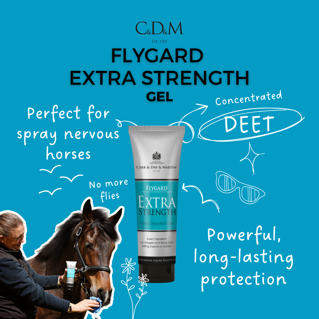 Flygard Extra Strength gel packaging with text on a blue background