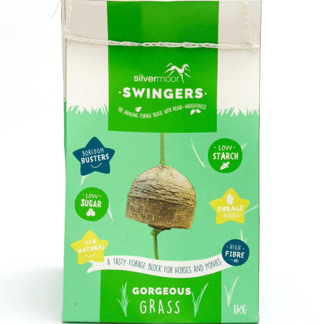 Green packaging of 'Silvermoor Swingers' for horses and ponies with a hanging haylage block on a white background.