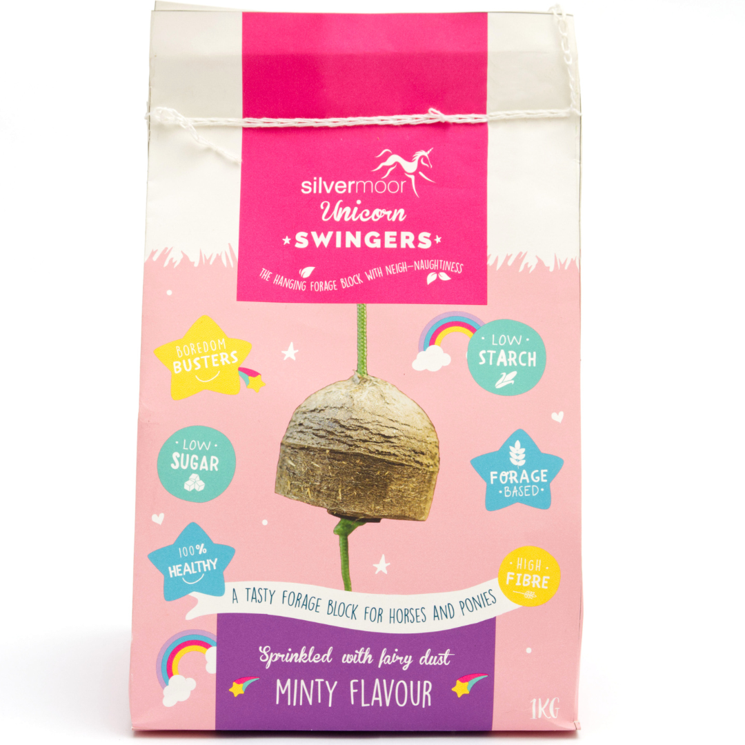Pink packaging of Silvermoon Unicorn Swingers with a horse illustration on a white background