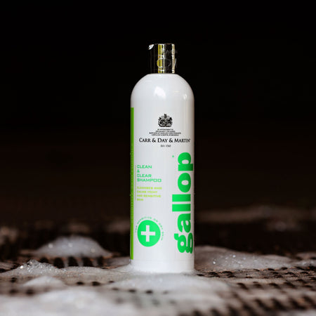 Bottle of Gallop horse care product on a dark background