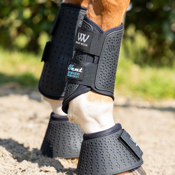 Horse wearing black protective boots on a natural outdoor ground.